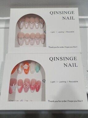 Qinsinge  Press On Nails Rhinestone Accent Reusable Almond Bundle Of 2 NWT